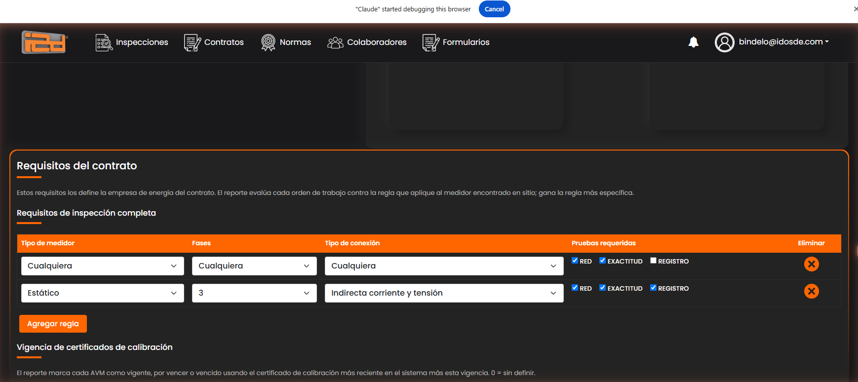 Requisitos de inspeccion completa con reglas configuradas