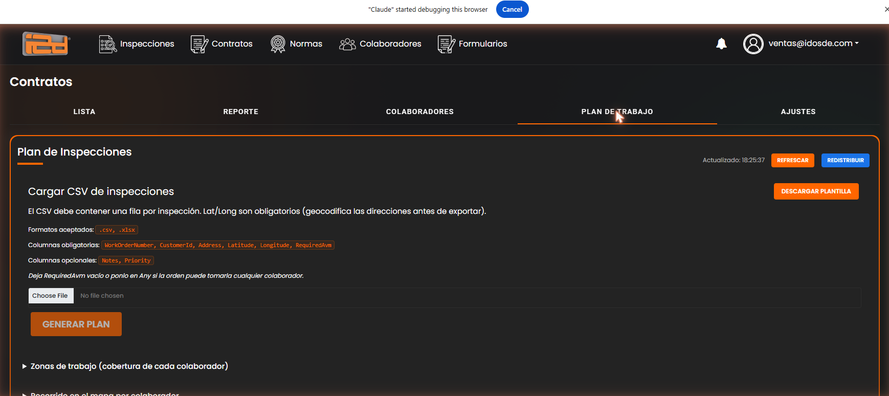 Carga del plan de trabajo con la plantilla CSV