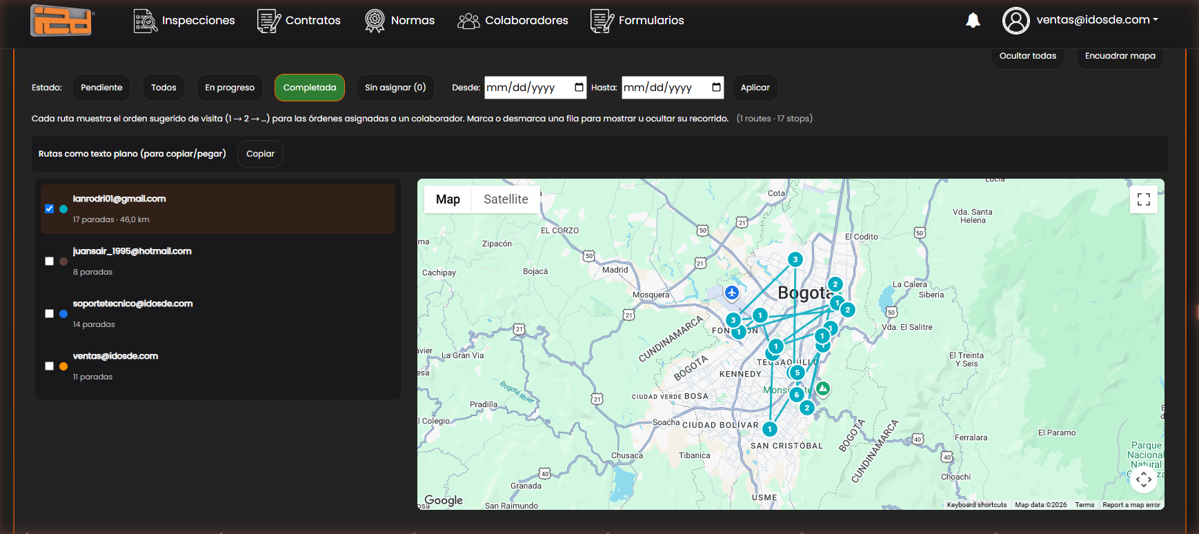 Ruta de un colaborador sobre el mapa con el orden de visita